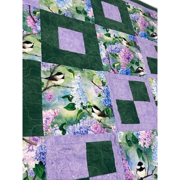 Handmade Patchwork Quilt Throw Lap Blanket 56” x 39” Lilac Chickadees - Picture 8 of 8